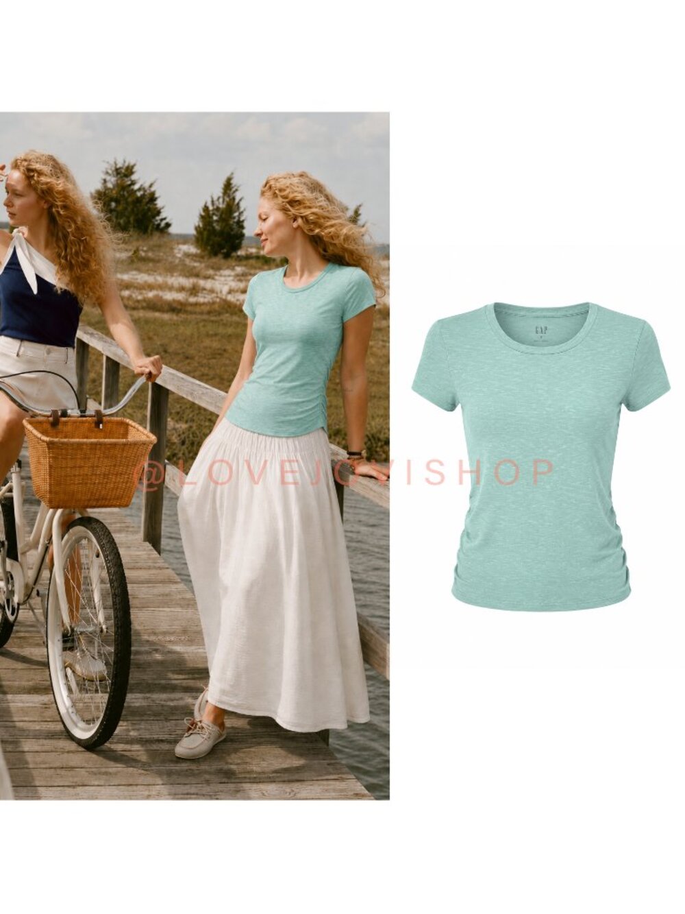 Coastal | GAP Mint Crew Neck Short Sleeve Tee Ribbed Side Ruching Cotton Blend M